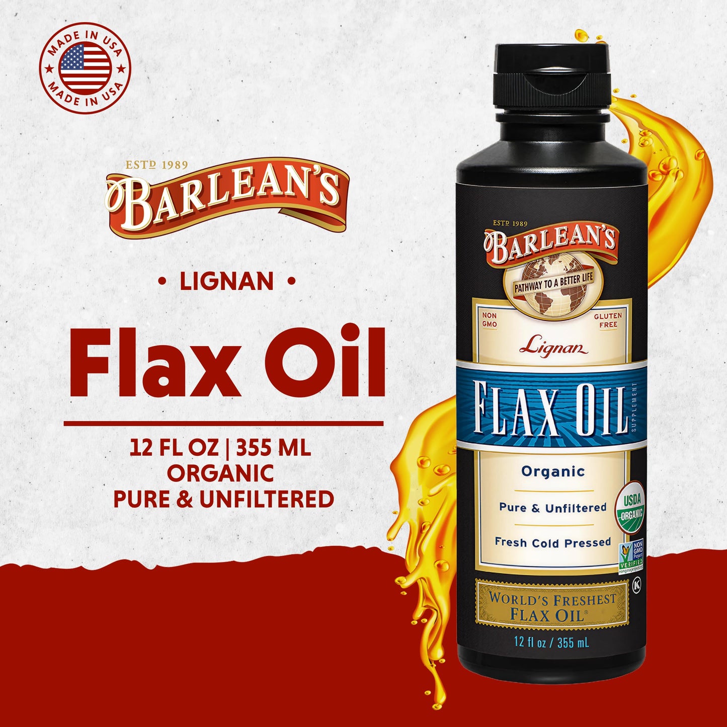 Barlean's Organic Lignan Flaxseed Oil – 12 oz, 7,230 mg ALA, Gluten Free