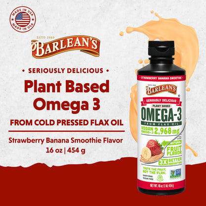 Barlean's Strawberry Banana Flaxseed Oil Liquid – Vegan Omega-3-6-9, 2,968 mg, Non-GMO, Gluten Free, 8 oz