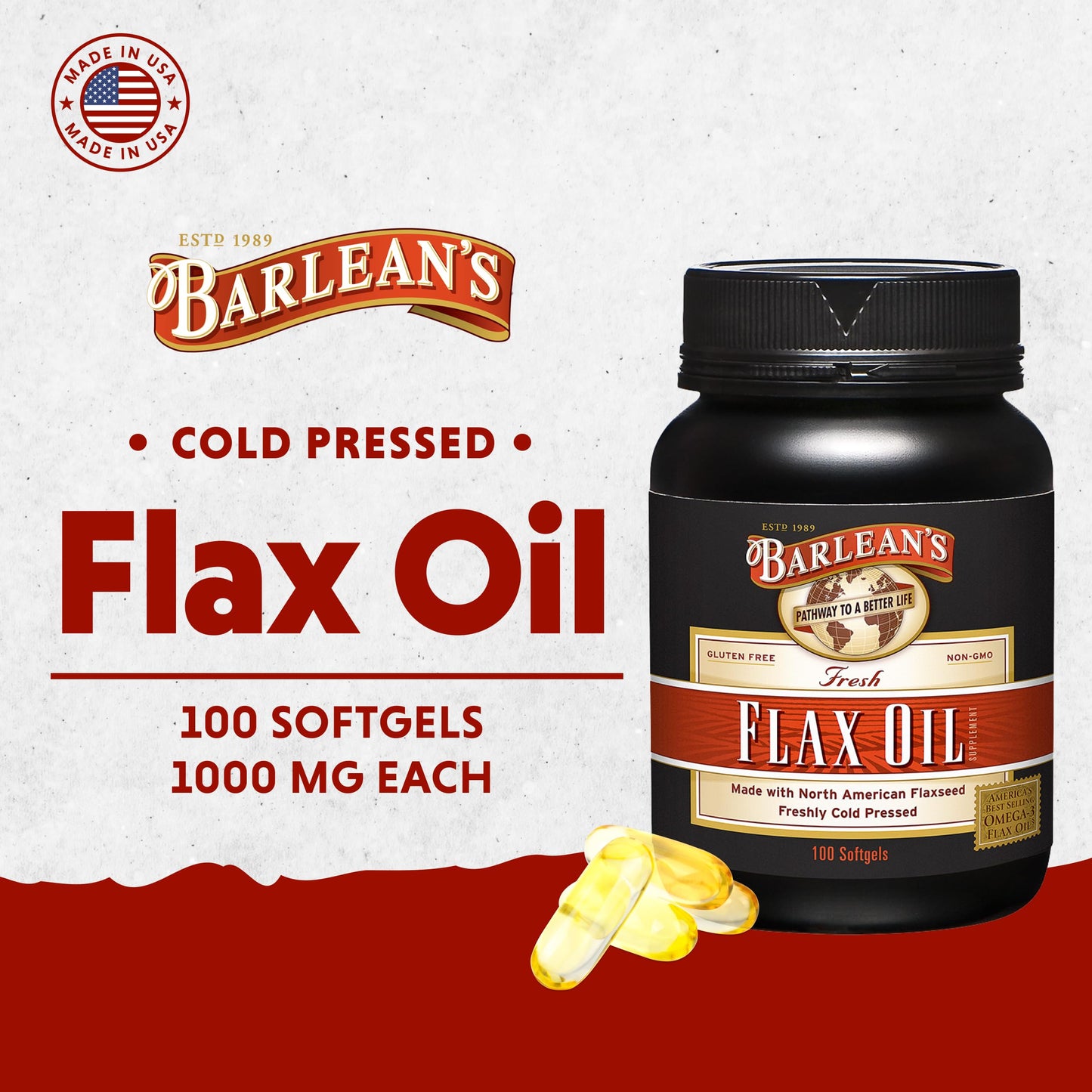 Barlean's Omega 3 6 9 Flaxseed Oil Softgels – 1650 mg ALA, 100 Count
