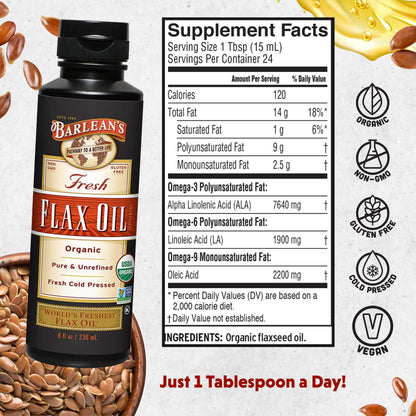 Barlean's Organic Flaxseed Oil – Cold-Pressed Vegan Omega-3, 12 oz