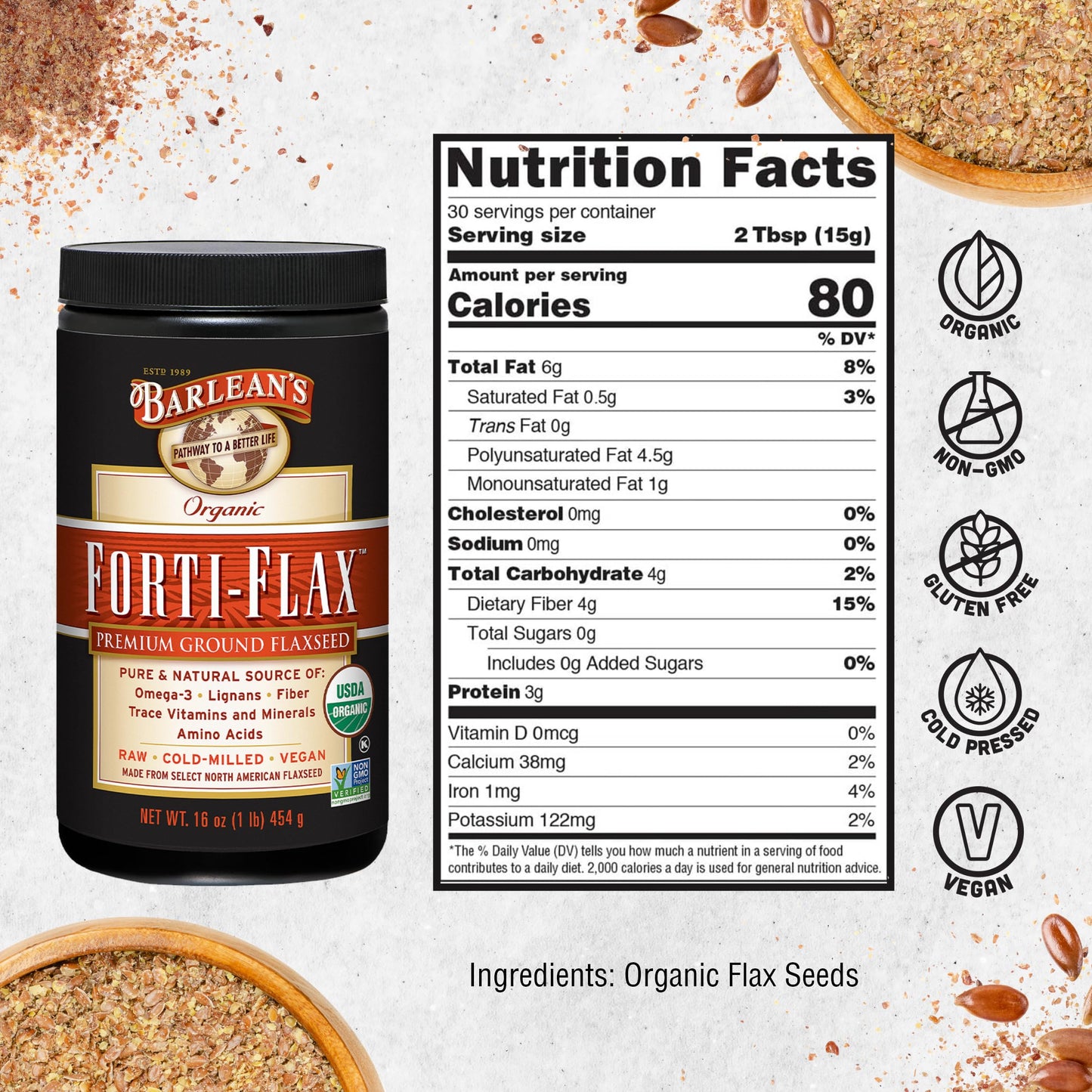 Barlean's Forti-Flax Organic Flaxseed - Ground Whole Raw Seeds, 16 oz, 2 Pack