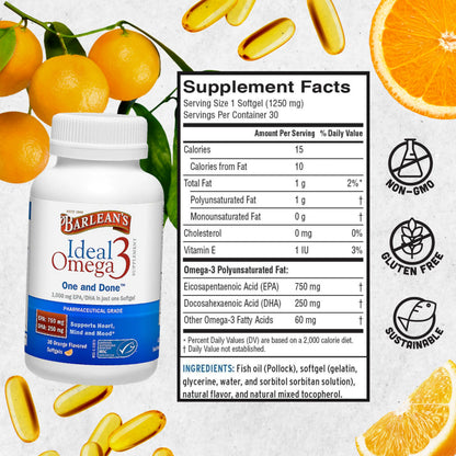 Barlean's Ideal Omega-3 Softgels 1000mg EPA/DHA – Heart Health & Mood