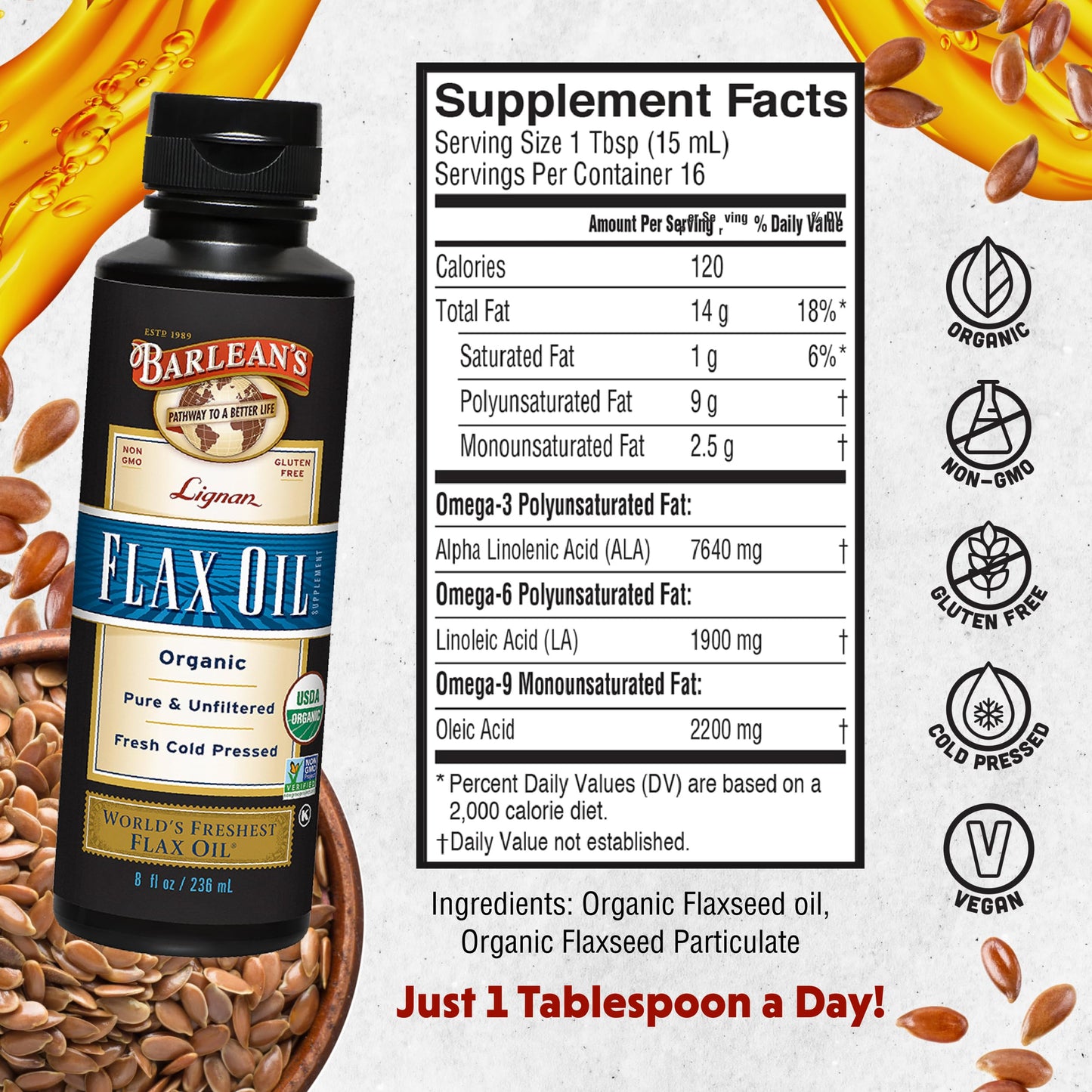 Barlean's Organic Lignan Flaxseed Oil – Cold-Pressed, 7,230 mg ALA, Vegan & Gluten-Free, 8 oz