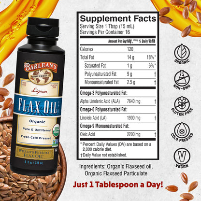 Barlean's Organic Lignan Flaxseed Oil – Cold-Pressed, 7,230 mg ALA, Vegan & Gluten-Free, 8 oz