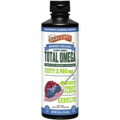 Barlean's Liquid Flaxseed, Borage & Algae Oils – Omega-3-6-9, Pomegranate Blueberry, Vegan EPA/DHA, 16 oz