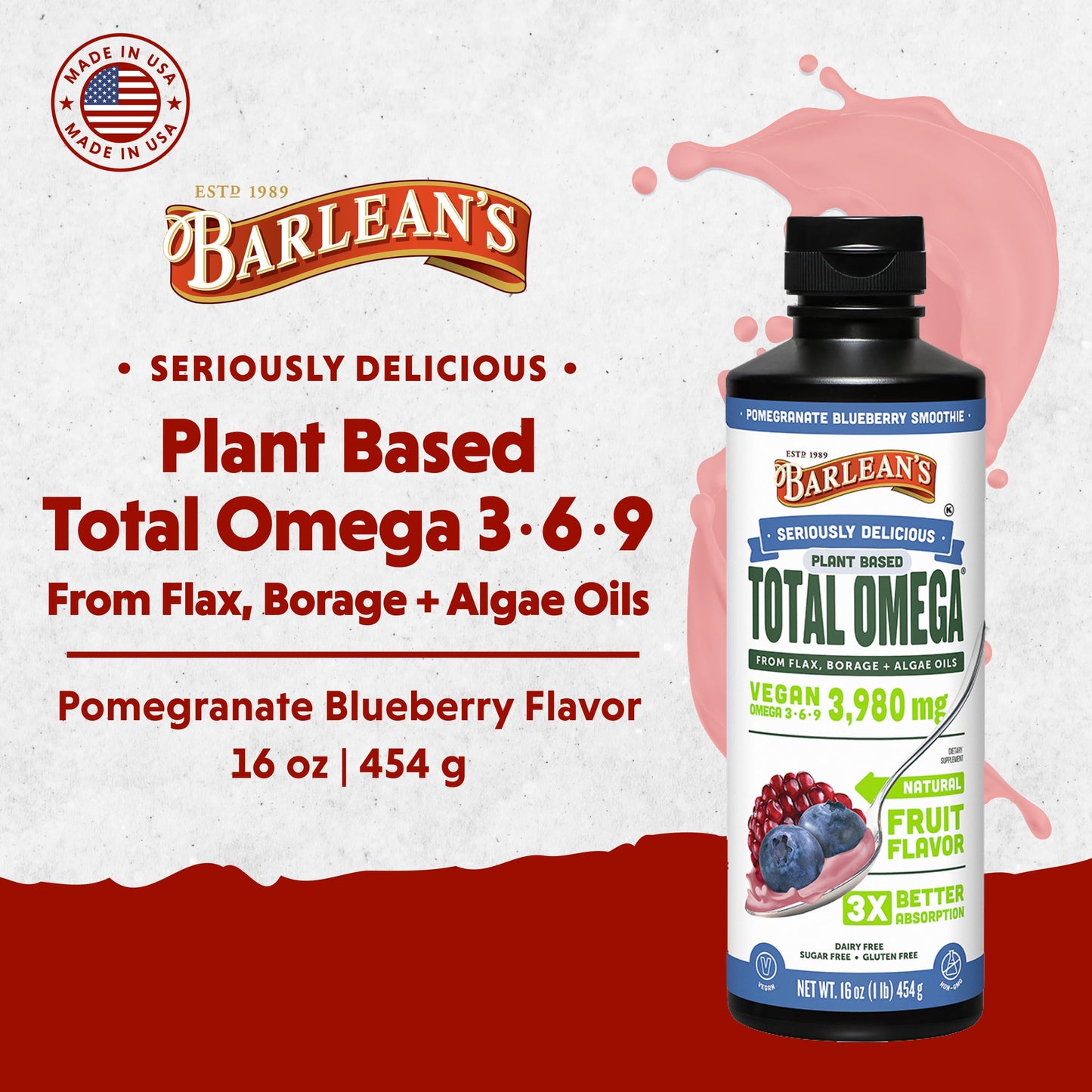 Barlean's Liquid Flaxseed, Borage & Algae Oils – Omega-3-6-9, Pomegranate Blueberry, Vegan EPA/DHA, 16 oz