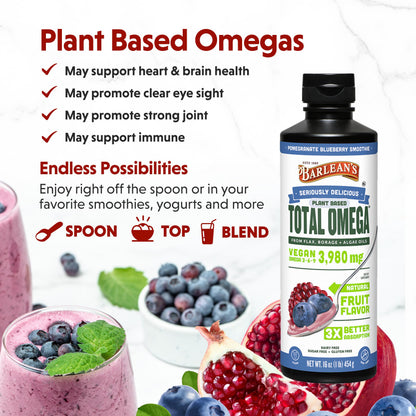 Barlean's Liquid Flaxseed, Borage & Algae Oils – Omega-3-6-9, Pomegranate Blueberry, Vegan EPA/DHA, 16 oz