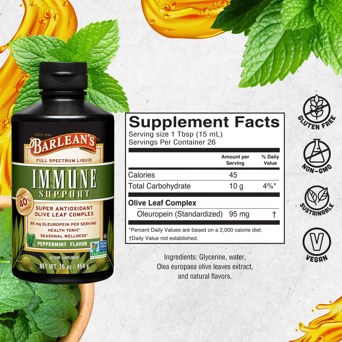 Barlean's Peppermint Olive Leaf Complex — Liquid Immune Support (95 mg Oleuropein) BritishVita | Premium UK Vitamins & Wellness Supplements