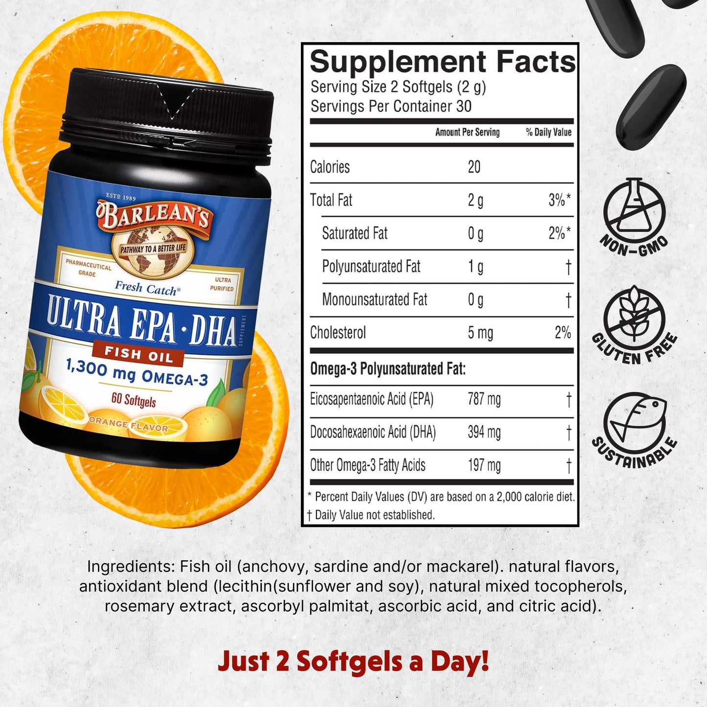 Barlean's Omega-3 Fish Oil Supplements | 1300 mg EPA/DHA Orange Softgels, 60 Count