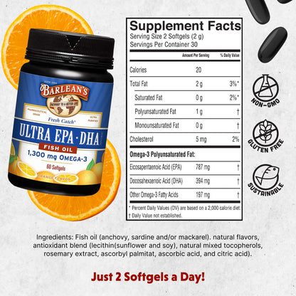Barlean's Omega-3 Fish Oil Supplements | 1300 mg EPA/DHA Orange Softgels, 60 Count