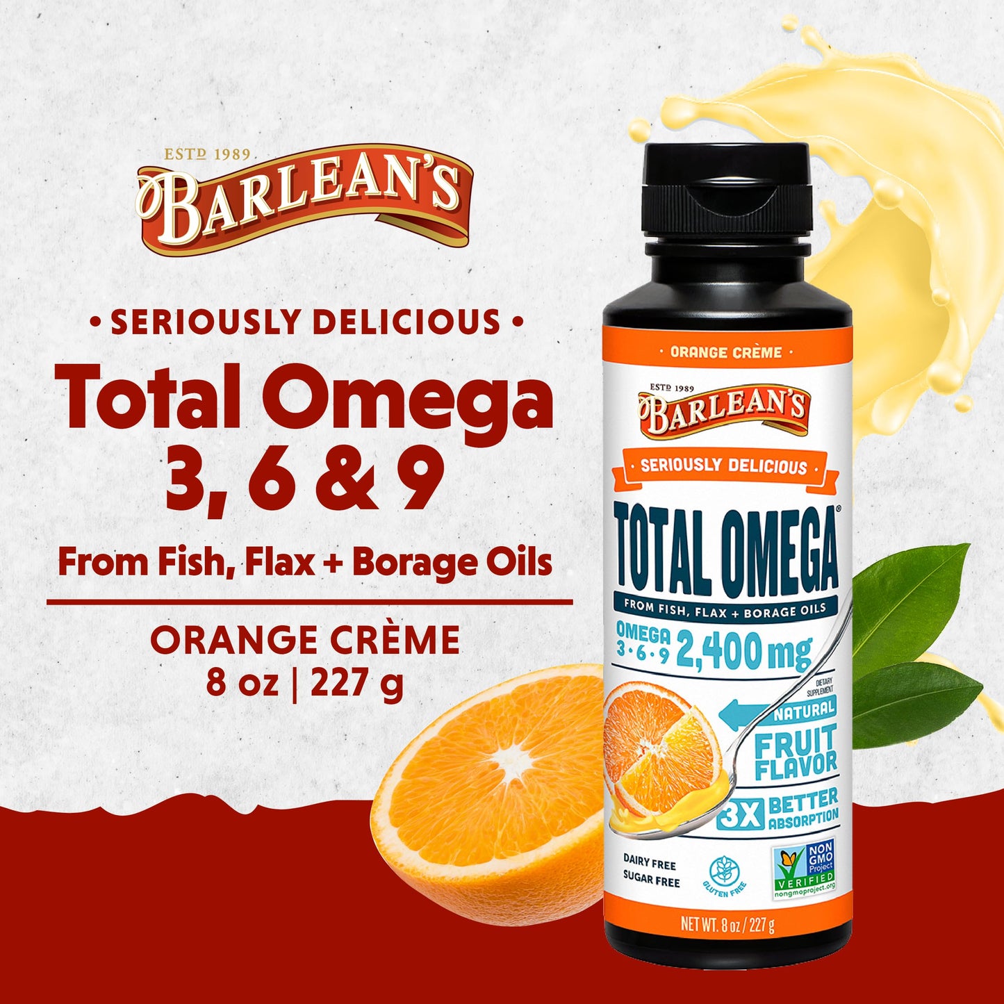 Barlean's Total Omega 3-6-9 Orange Creme Liquid Fish Oil - 8 oz
