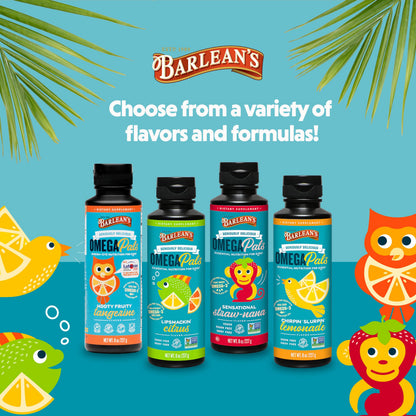 Barlean's Omega Pals Kids – Straw-Nana Flavored Omega-3 Flax Oil, 8 oz