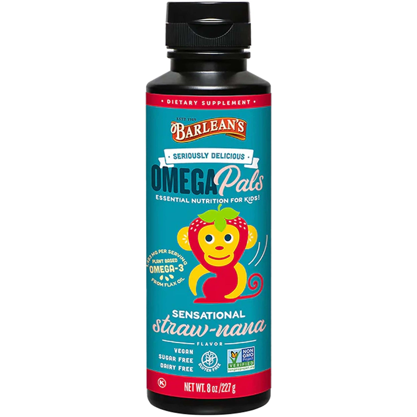 Barlean's Omega Pals Kids – Straw-Nana Flavored Omega-3 Flax Oil, 8 oz