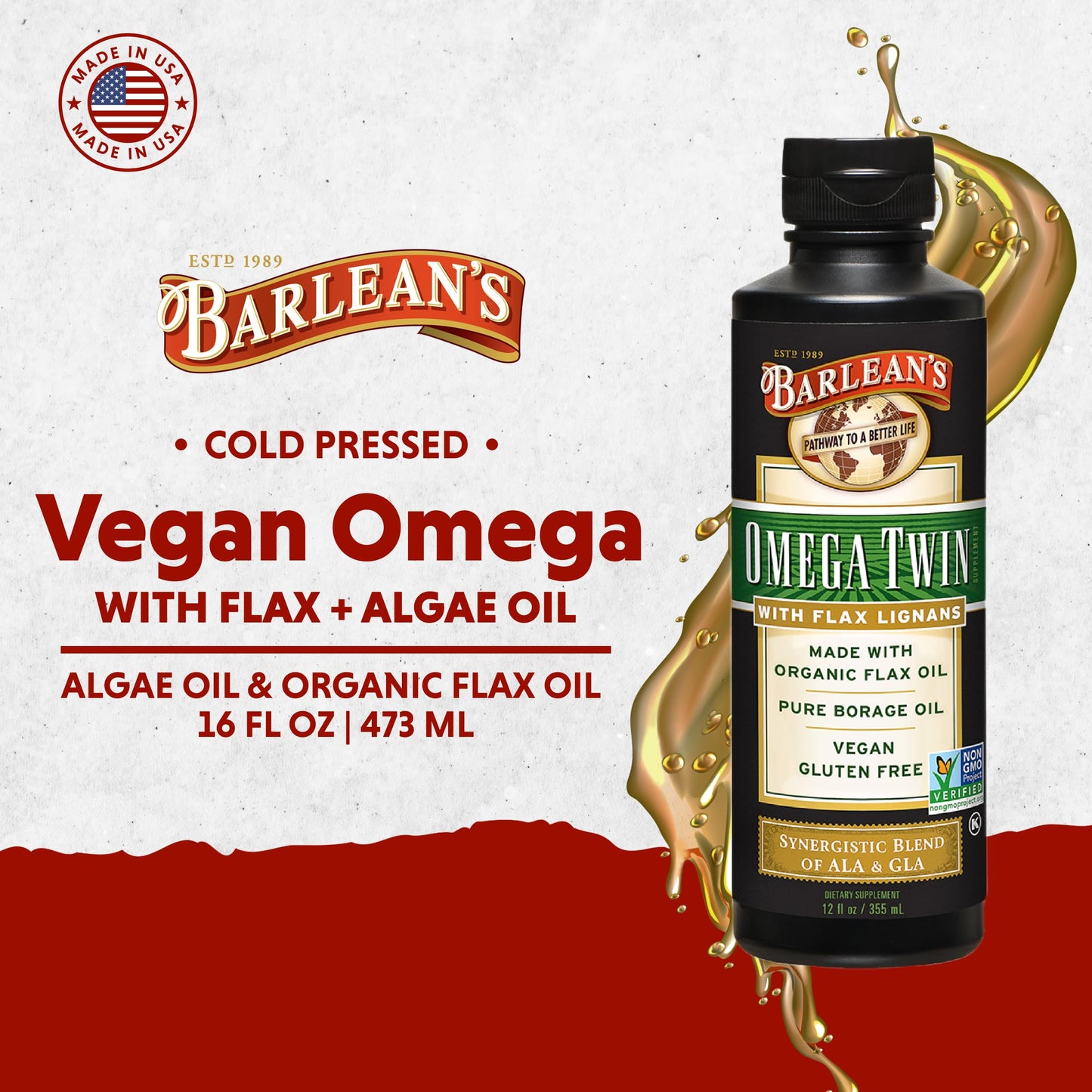 Barlean's Omega Twin Liquid Flaxseed Oil & Borage Oil with Lignans – 12 oz