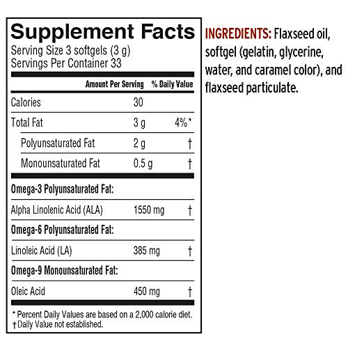 Barlean's Omega 3 6 9 Lignan Flaxseed Oil Softgels – 100 Count | Cold-Pressed, 1550 mg ALA