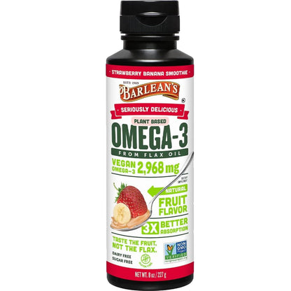 Barlean's Strawberry Banana Flaxseed Oil Liquid – Vegan Omega-3-6-9, 2,968 mg, Non-GMO, Gluten Free, 8 oz