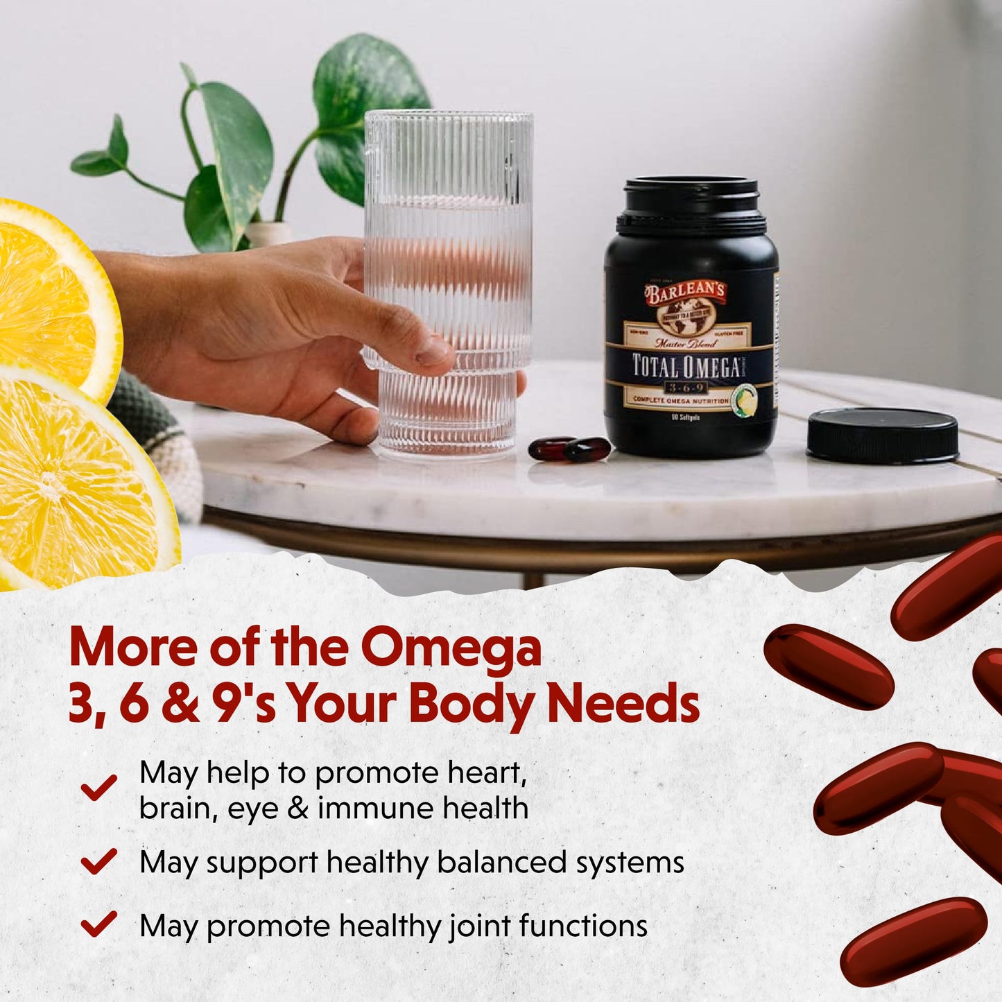 Barlean's Total Omega 3 6 9 Softgels – 90 Count | Heart Health & Joint Support