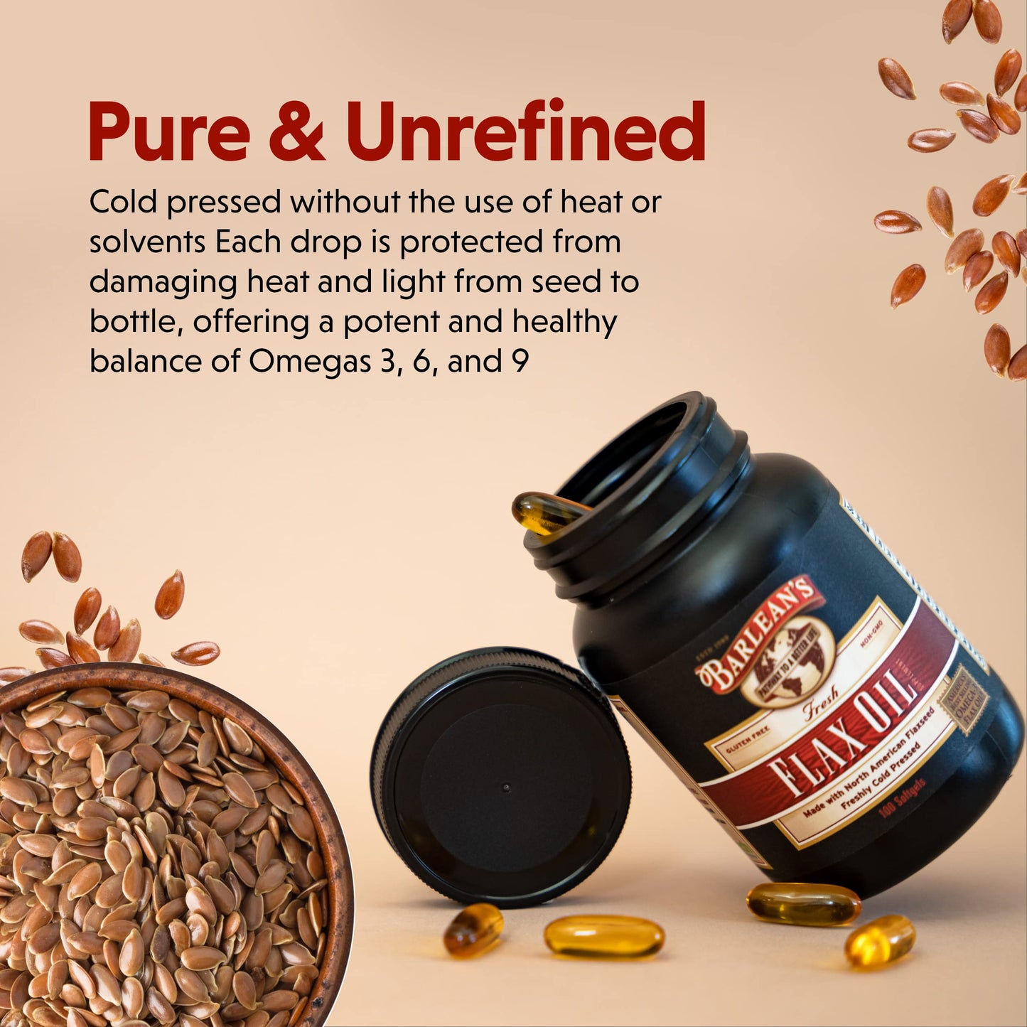 Barlean's Omega 3 6 9 Flaxseed Oil Softgels – 1650 mg ALA, 100 Count