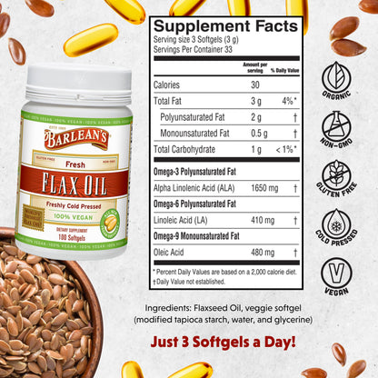 Barlean's Vegan Flaxseed Oil Softgels — 1650 mg ALA, Cold-Pressed, 100 Count