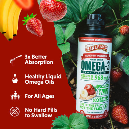 Barlean's Strawberry Banana Flaxseed Oil Liquid – Vegan Omega-3-6-9, 2,968 mg, Non-GMO, Gluten Free, 8 oz