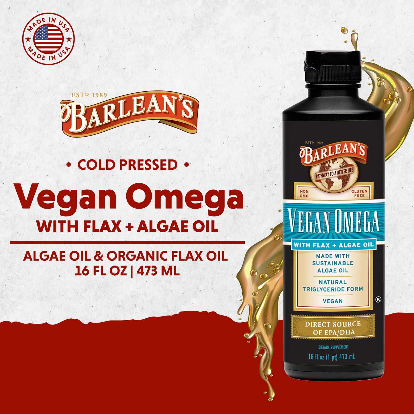 Barlean's Vegan Omega Liquid Flax & Algae Oil – Plant Based EPA DHA (16 oz)