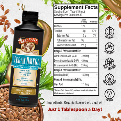 Barlean's Vegan Omega Liquid Flax & Algae Oil – Plant Based EPA DHA (16 oz)