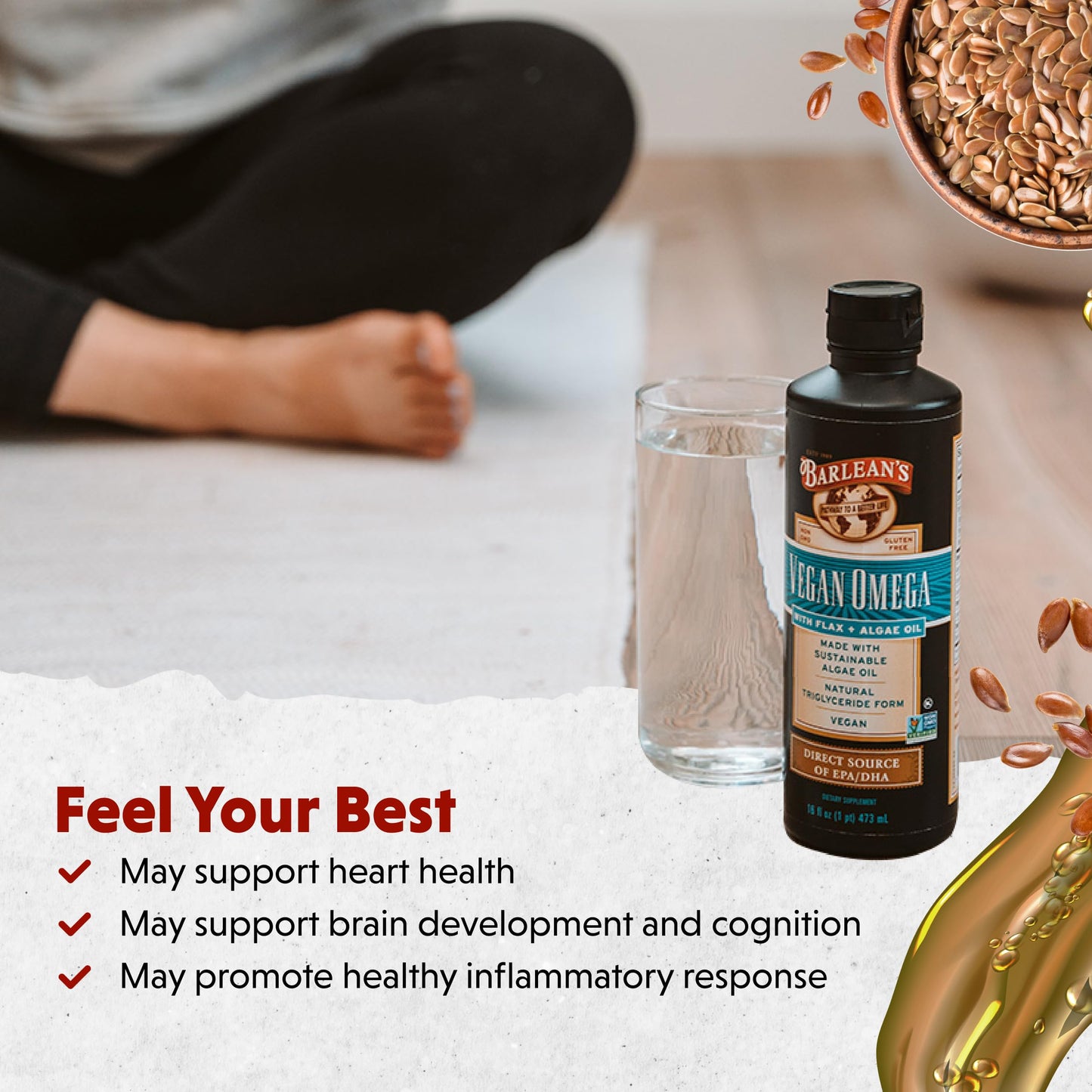 Barlean's Vegan Omega Liquid Flax & Algae Oil – Plant Based EPA DHA (16 oz)