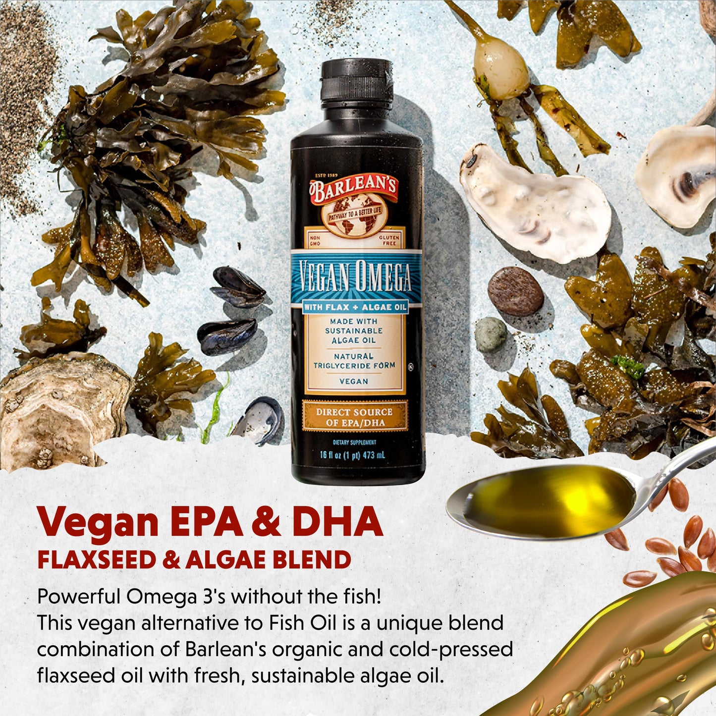 Barlean's Vegan Omega Liquid Flax & Algae Oil – Plant Based EPA DHA (16 oz)