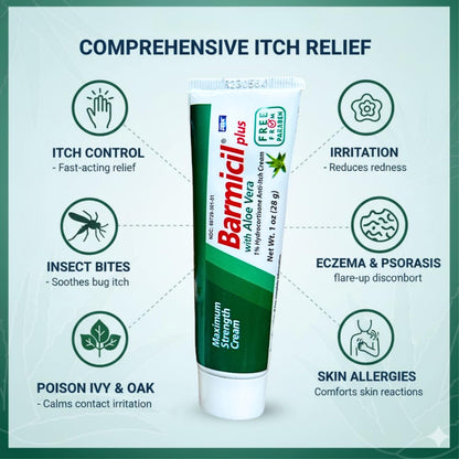 Barmicil Plus Cream 1% Hydrocortisone – Itch Relief for Skin Allergies with Aloe Vera