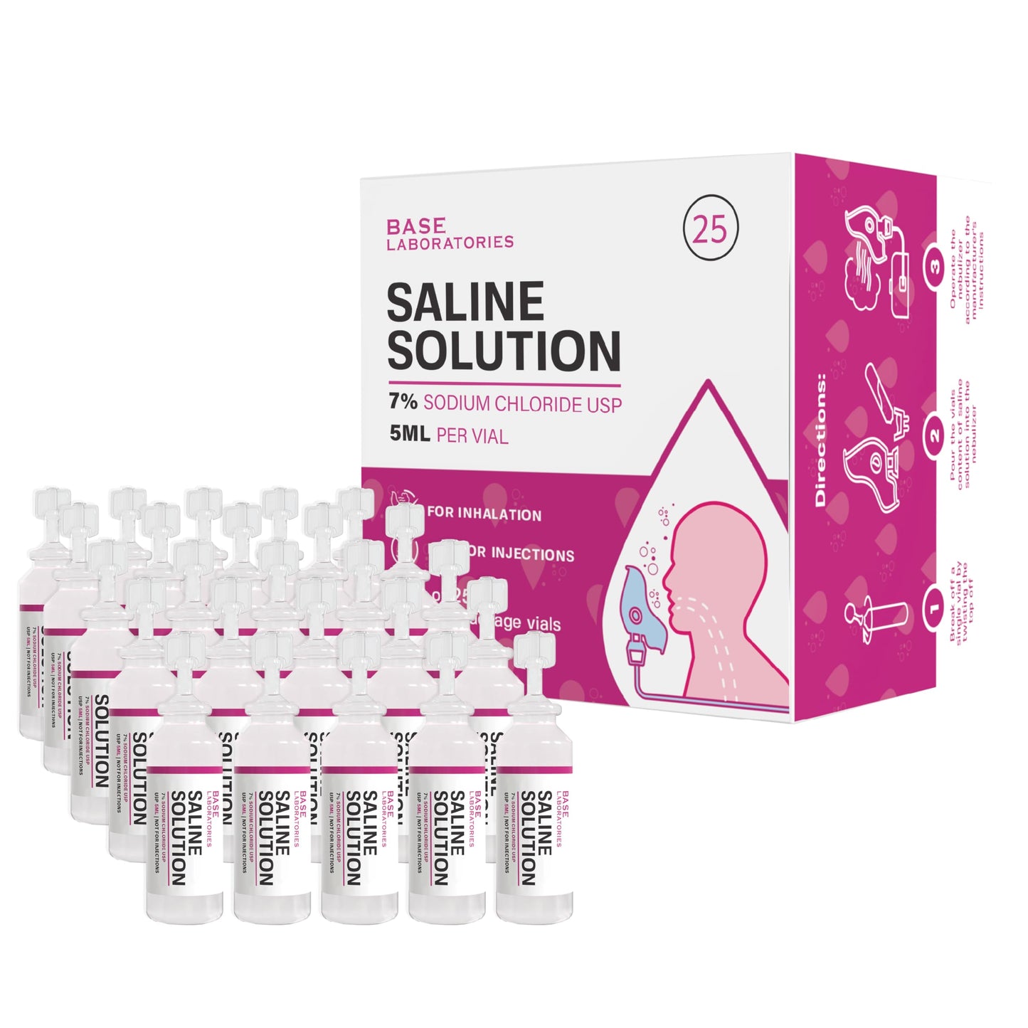 BASE LABORATORIES 7% Saline Solution for Nebulizers – 25 x 5ml Vials for Inhalation & Nasal Irrigation