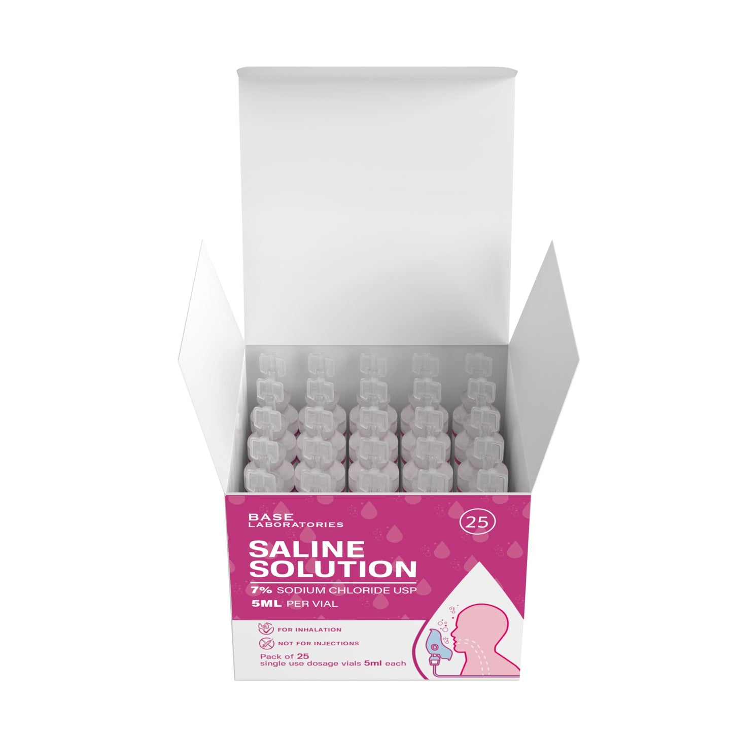 BASE LABORATORIES 7% Saline Solution for Nebulizers – 25 x 5ml Vials for Inhalation & Nasal Irrigation