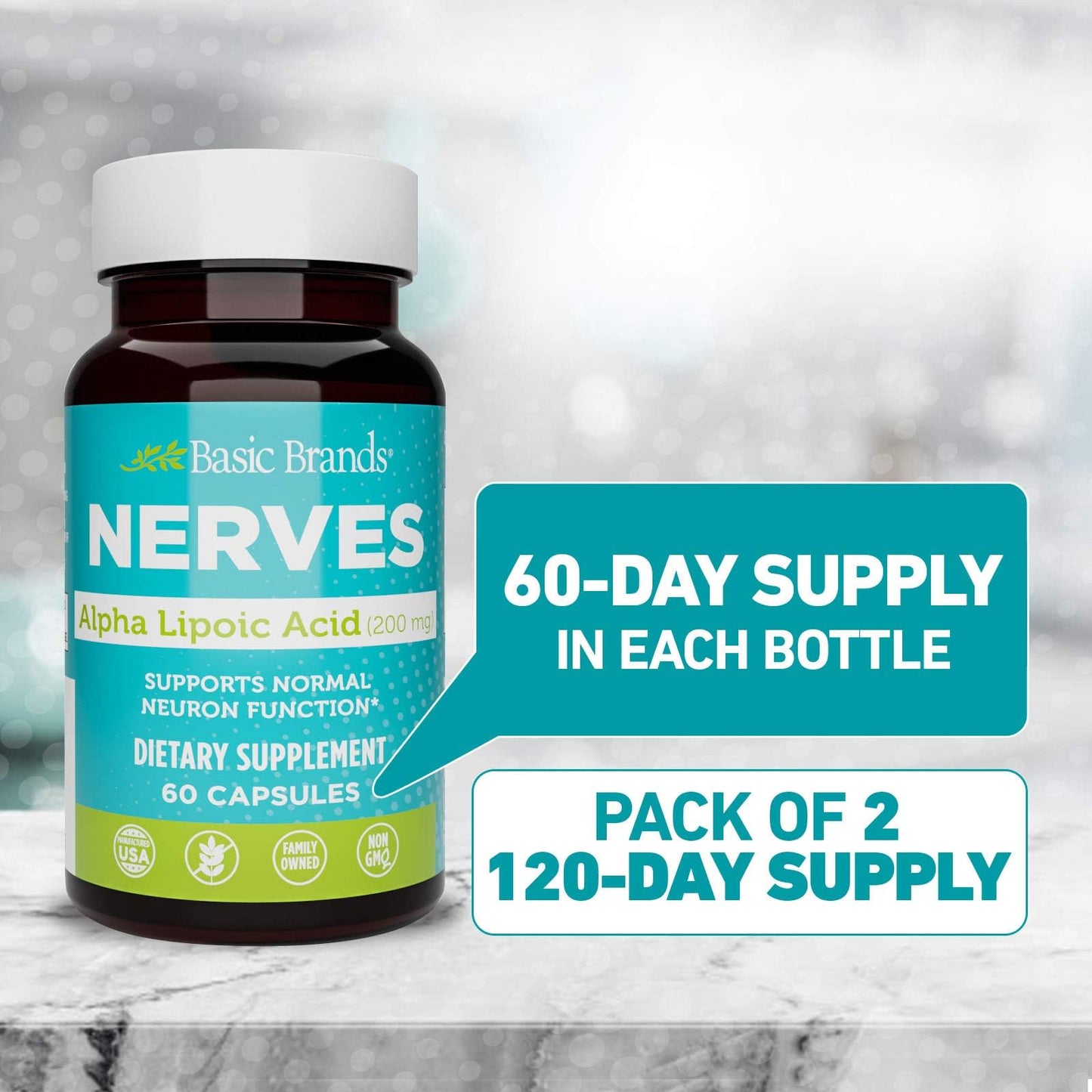 Basic Brands Nerves Alpha Lipoic Acid 200 mg – Neuron Function (Pack of 1)
