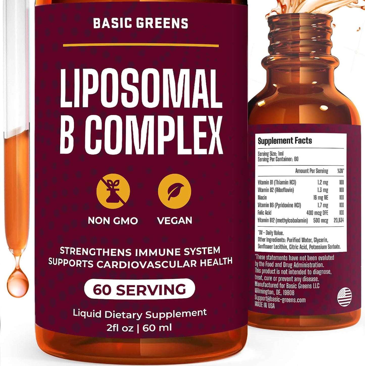 BASIC GREENS Liposomal B Vitamins Liquid – High Absorption, Vegan, Non-GMO, 2 fl oz