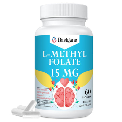 Basigano L-Methylfolate 15mg (5-MTHF) - Active Folic Acid with B6 & B12 - Vegan, Gluten-Free, Dairy-Free (1 Pack)