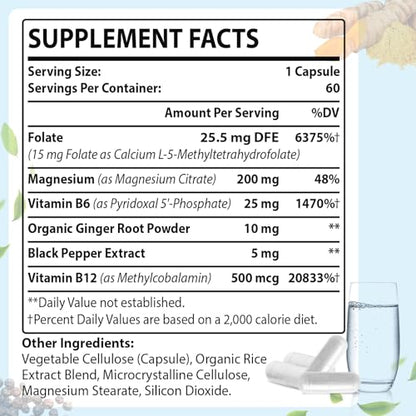Basigano L-Methylfolate 15mg (5-MTHF) - Active Folic Acid with B6 & B12 - Vegan, Gluten-Free, Dairy-Free (1 Pack)