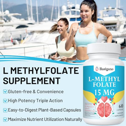 Basigano L-Methylfolate 15mg (5-MTHF) - Active Folic Acid with B6 & B12 - Vegan, Gluten-Free, Dairy-Free (1 Pack)