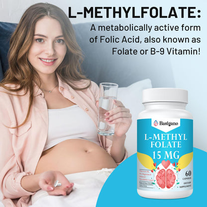 Basigano L-Methylfolate 15mg (5-MTHF) - Active Folic Acid with B6 & B12 - Vegan, Gluten-Free, Dairy-Free (1 Pack)