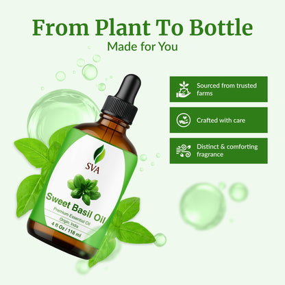 SVA Sweet Basil Essential Oil – 4oz | 100% Natural Basil Oil for Diffuser, Hair & Skin Care