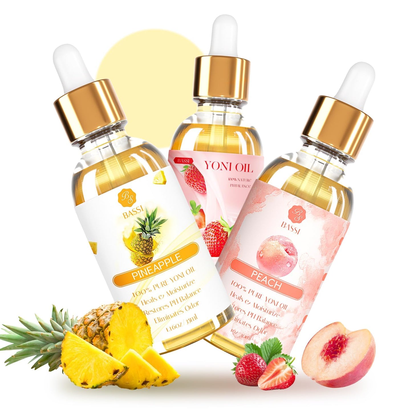 BASSI 3 Packs Yoni Oil for Women – All-Natural Feminine Care (Strawberry Pineapple Peach Scent)