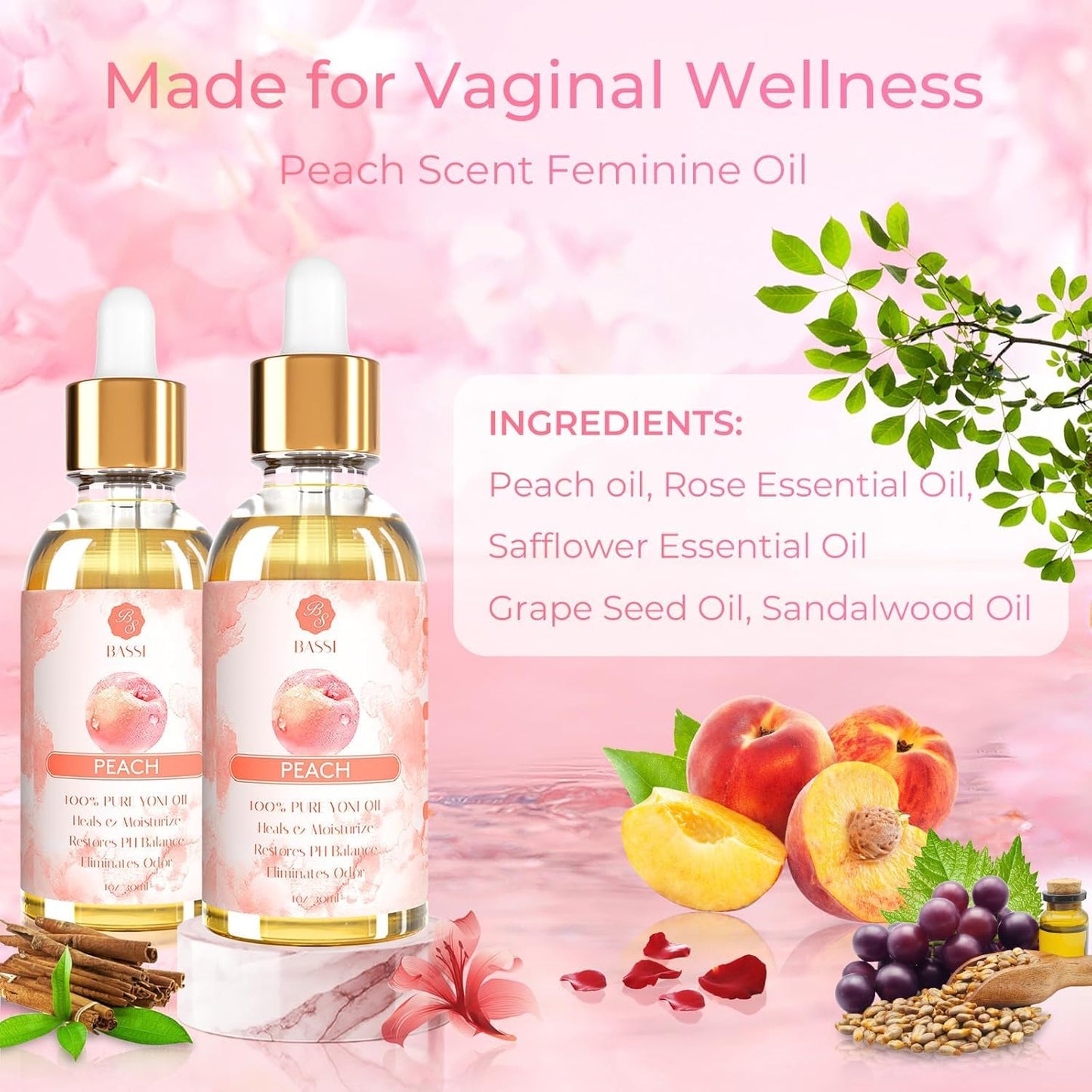 BASSI 3 Packs Yoni Oil for Women – All-Natural Feminine Care (Strawberry Pineapple Peach Scent)