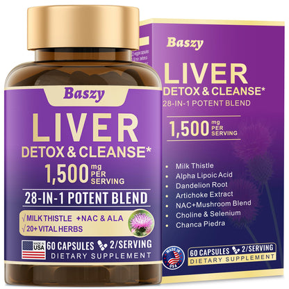 Baszy 28-in-1 Liver Cleanse & Repair – 1500mg Liver Support with Milk Thistle, 20+ Herbs | Made in USA | 60 Capsules