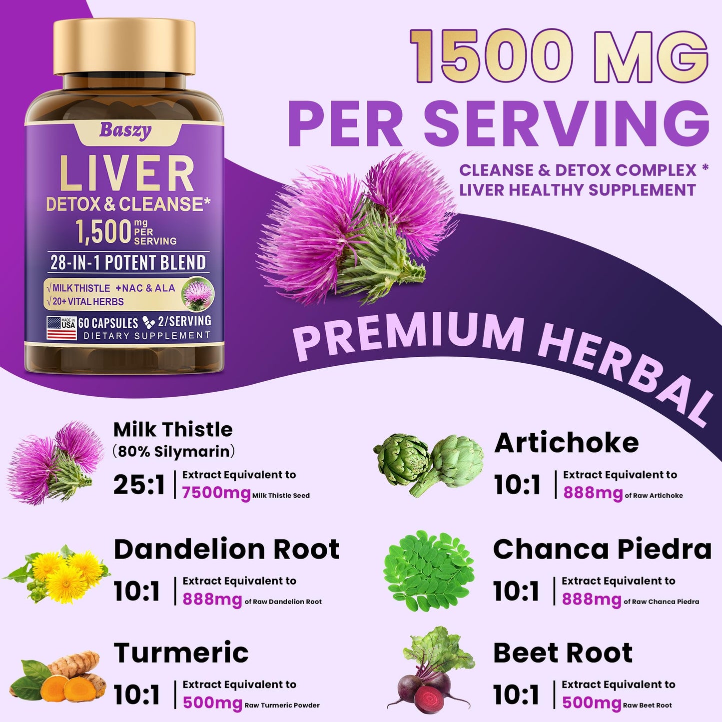Baszy 28-in-1 Liver Cleanse & Repair – 1500mg Liver Support with Milk Thistle, 20+ Herbs | Made in USA | 60 Capsules