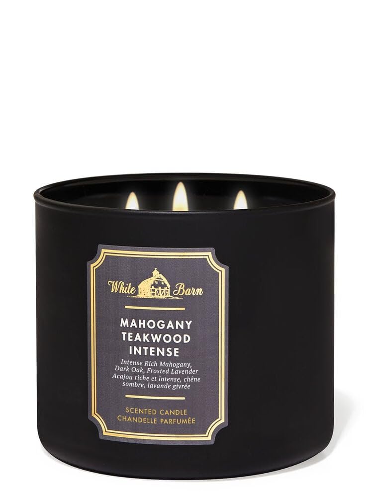 Bath & Body Works White Barn 3-Wick Candle with Essential Oils – Mahogany Teakwood High Intensity, 14.5 oz