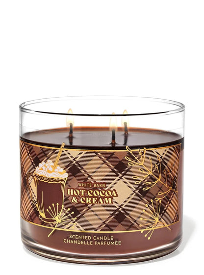 Bath & Body Works White Barn 3-Wick Candle with Essential Oils - Hot Cocoa & Cream, 14.5 oz (2021 Christmas Scents)