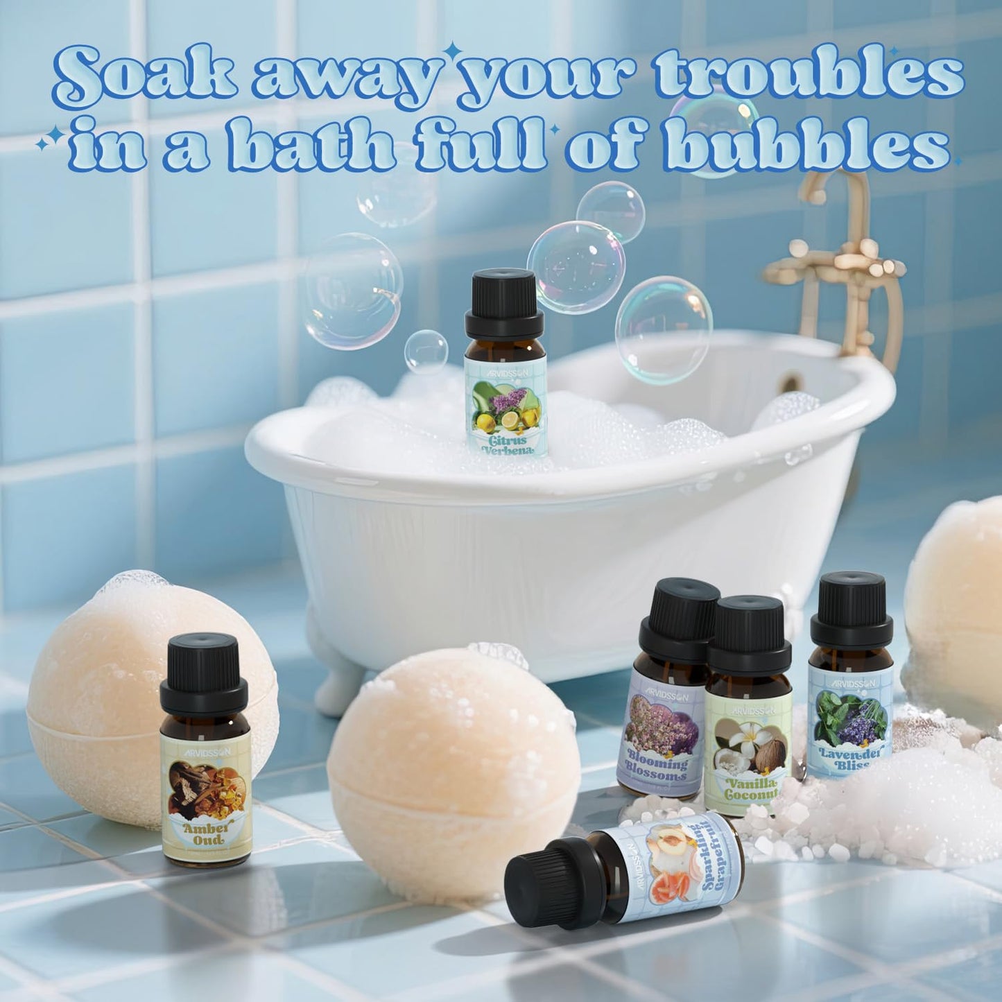 Bath Fragrance Oils Set by ARVIDSSON – Vanilla & Coconut, Lavender Bliss, Sparkling Grapefruit, Citrus Verbena, Amber Oud | Natural Spa Essential Oils for Diffuser, Soap & Candle Making