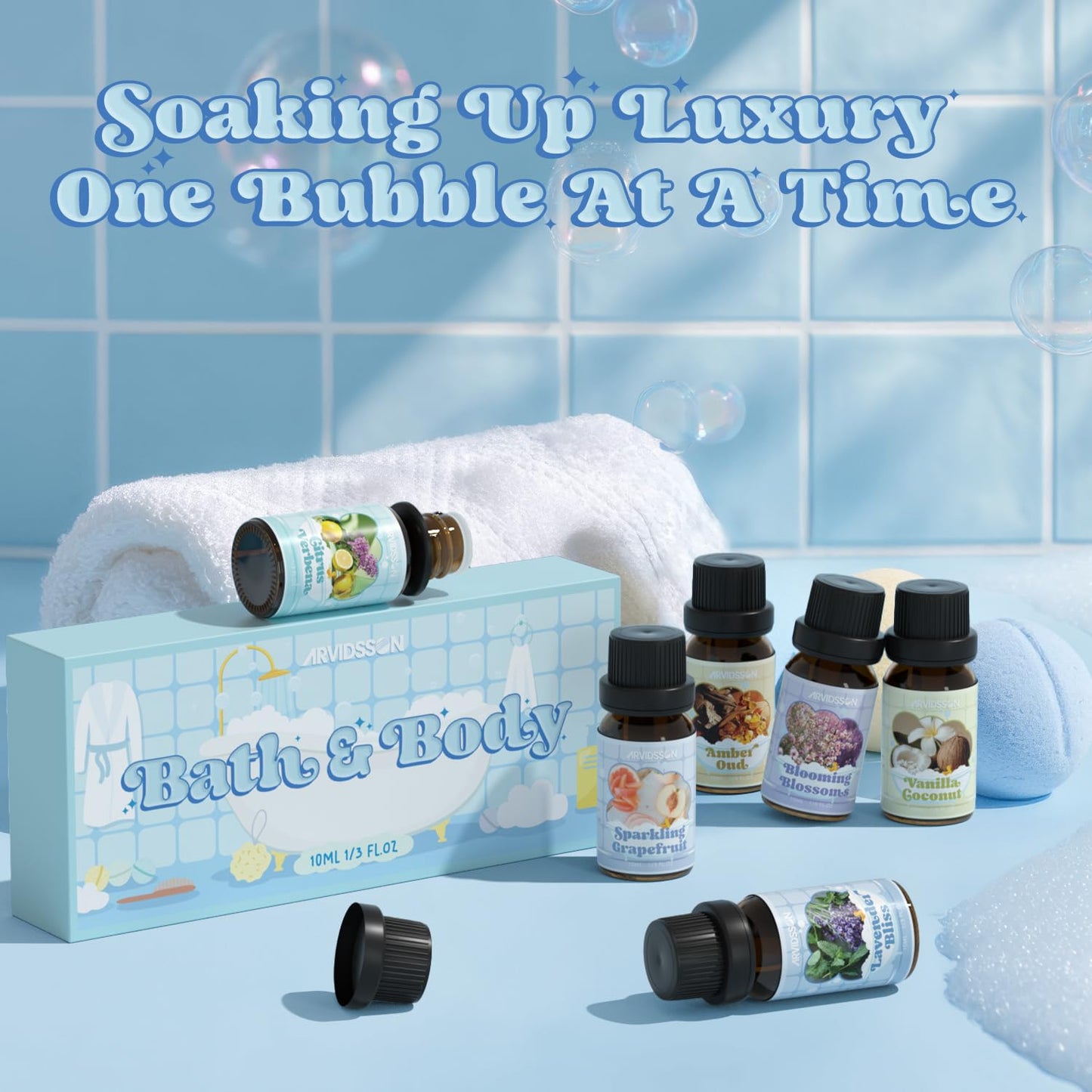 Bath Fragrance Oils Set by ARVIDSSON – Vanilla & Coconut, Lavender Bliss, Sparkling Grapefruit, Citrus Verbena, Amber Oud | Natural Spa Essential Oils for Diffuser, Soap & Candle Making