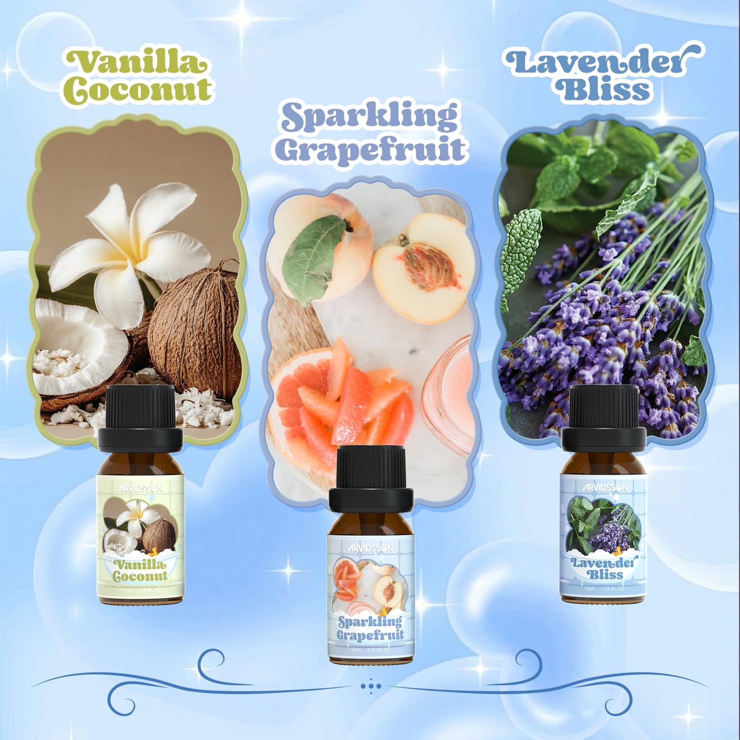 Bath Fragrance Oils Set by ARVIDSSON – Vanilla & Coconut, Lavender Bliss, Sparkling Grapefruit, Citrus Verbena, Amber Oud | Natural Spa Essential Oils for Diffuser, Soap & Candle Making
