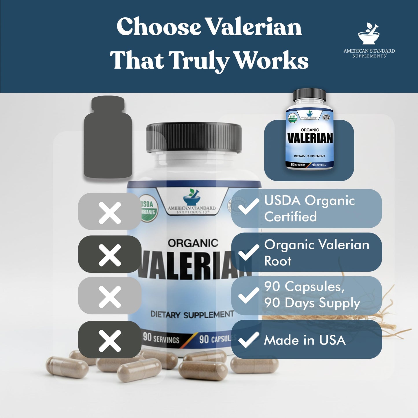 American Standard Organic Valerian – 90 Capsules, Pack of 2 | Vegan, Gluten Free, Non-GMO