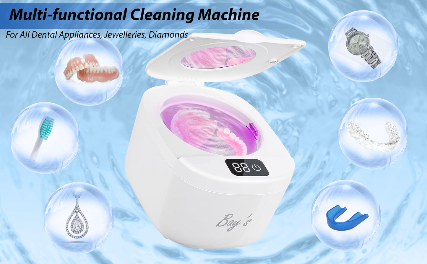 BAYS Ultrasonic Retainer Cleaner 45kHz 230ml – Dentures, Mouth Guards, Jewelry & All Dental Appliances