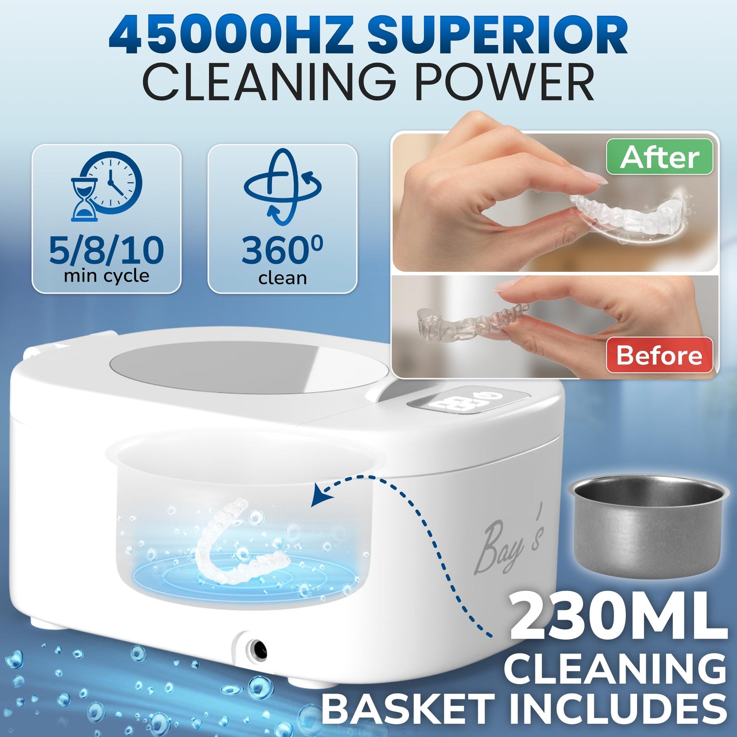 BAYS Ultrasonic Retainer Cleaner 45kHz 230ml – Dentures, Mouth Guards, Jewelry & All Dental Appliances